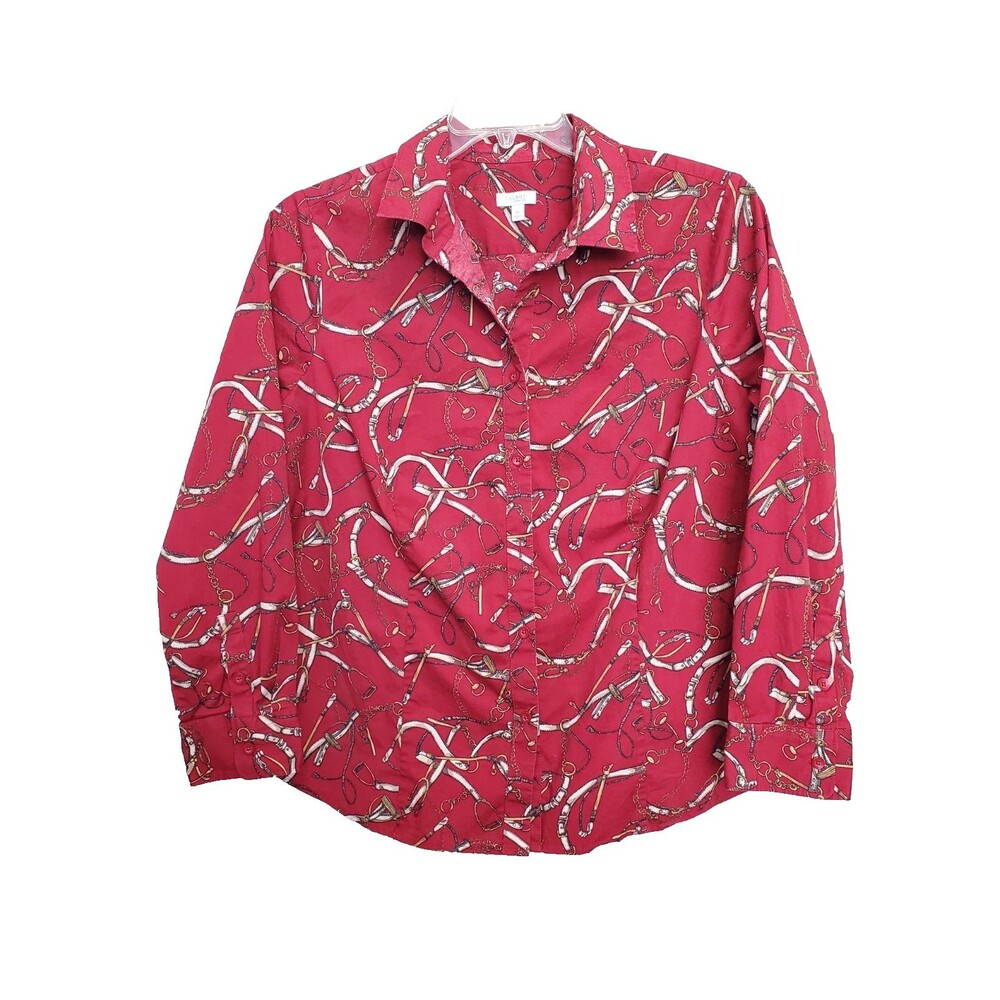 Talbots Woman Cotton Blend Red Equestrian Chain Print Button-Up Top Size 1X